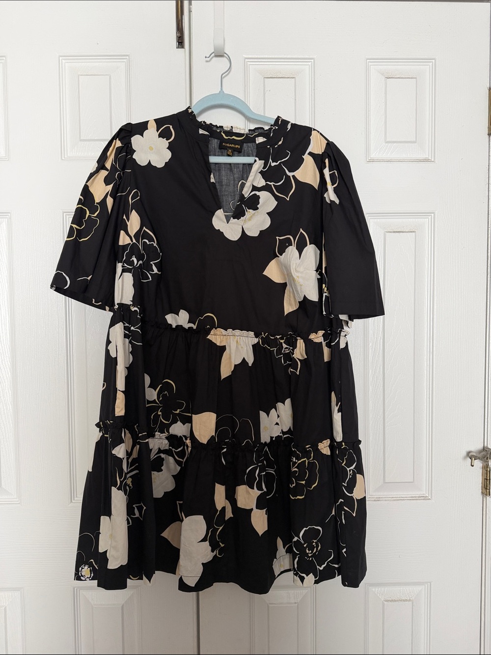 NWOT Sugarlips Black Babydoll Mini Dress with Cream Floral Motif